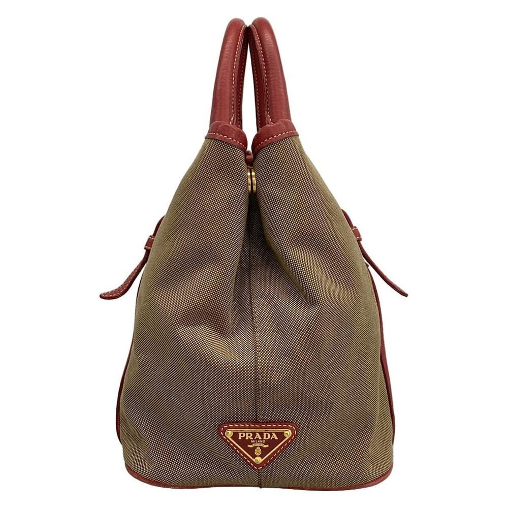 Prada logo red beige leather jacquard tote bag